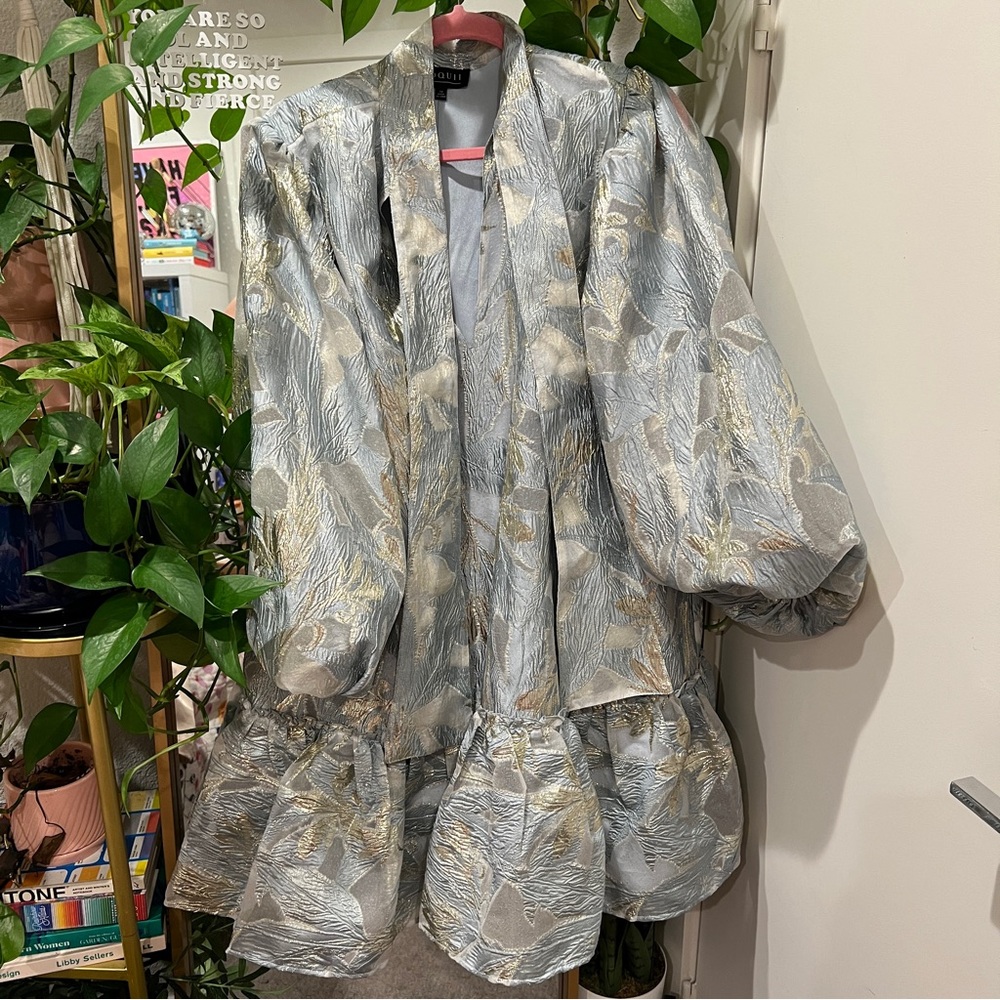 Blue ruffle bow detail brocade dress